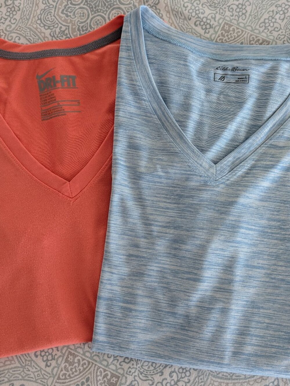 TWO- NIKE Orange/EDDIE BAUER Blue - Dri Fit V-Neck T-shirts Large